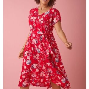 Talbots Belted Midi Shirtdress - Delicate  Red Blue and White Plus Size 18W